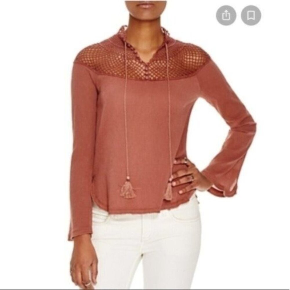 Free People Long Sleeve Mauve Shirt Gauzy Crochet Tassel Ties Fishnet Lace